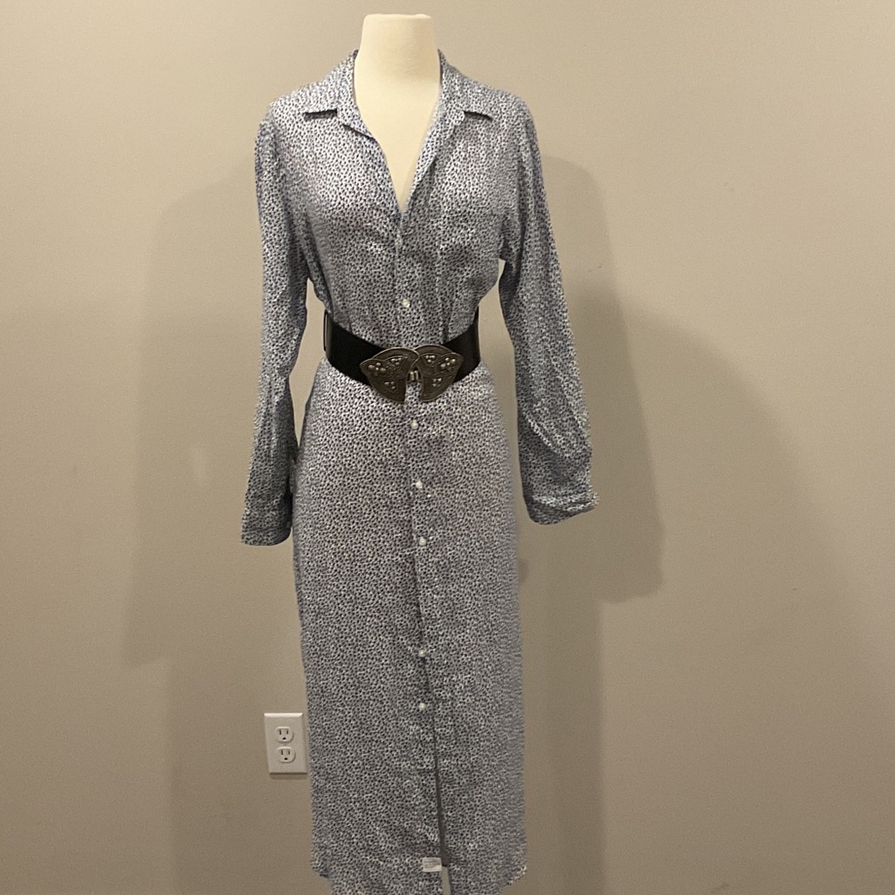 Frank & Eileen Blue Long Sleeve Dress with Orange Belt